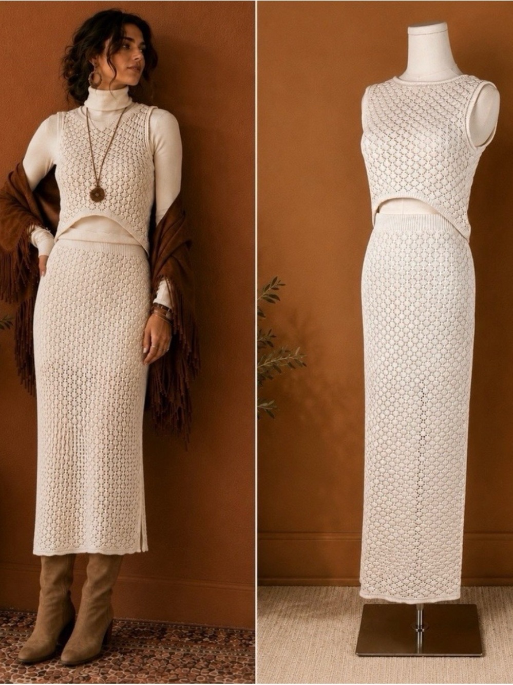 Olive & Oak Cream Crochet Maxi Skirt
